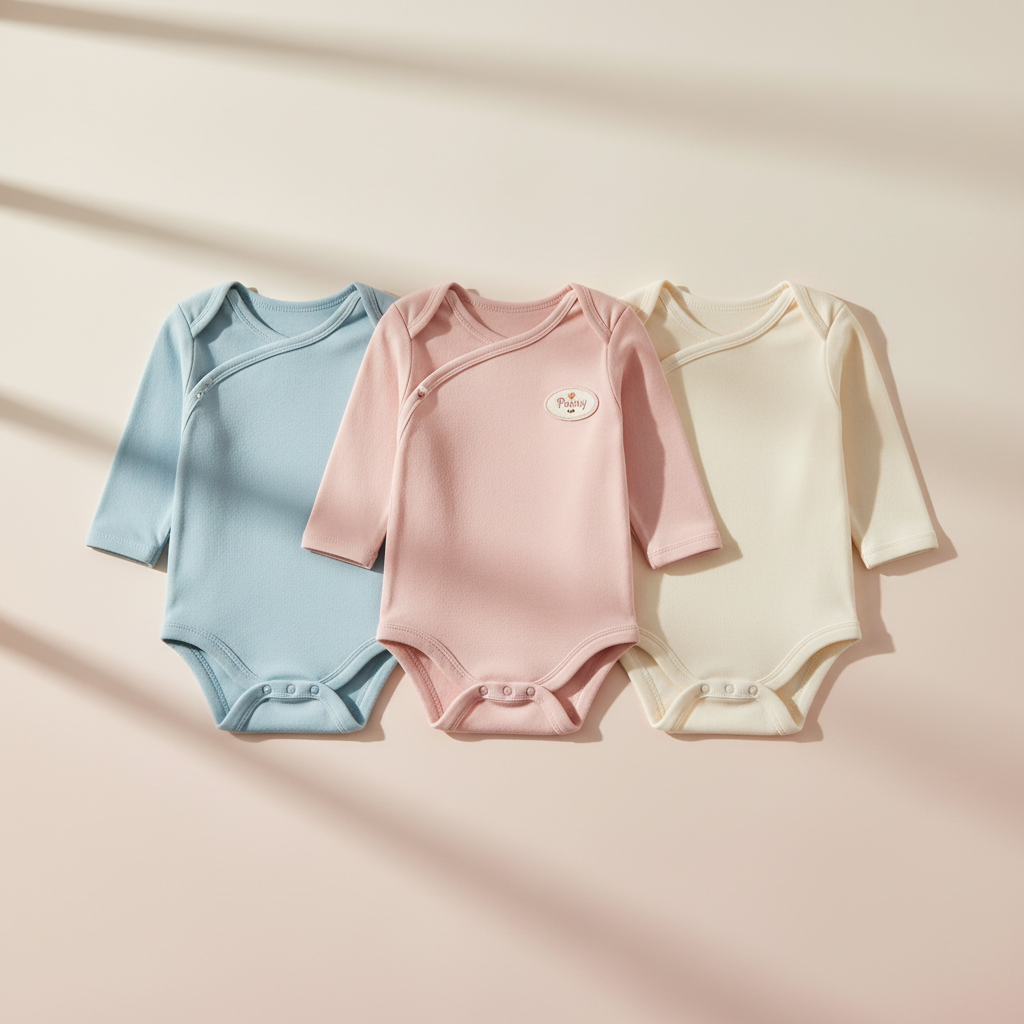 Pansy Born Baby 3-Pack Long Sleeve Bodysuits - premium studio scene flat lay on warm beige background with natural window light and shadow showing all three bodysuits in blue pink and cream with wrap-style front detail