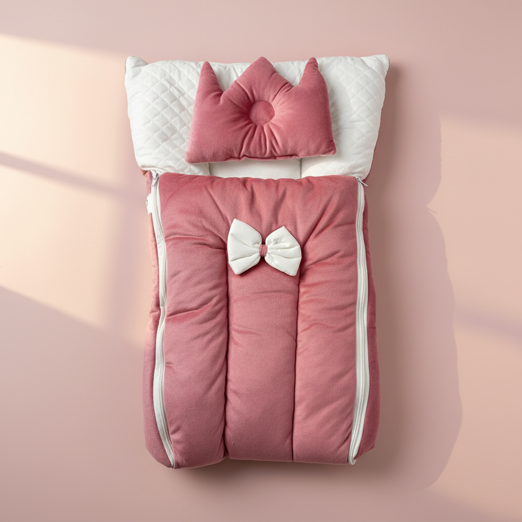 Pink velvet baby nest sleeping bag set – premium studio scene with crown pillow and bow