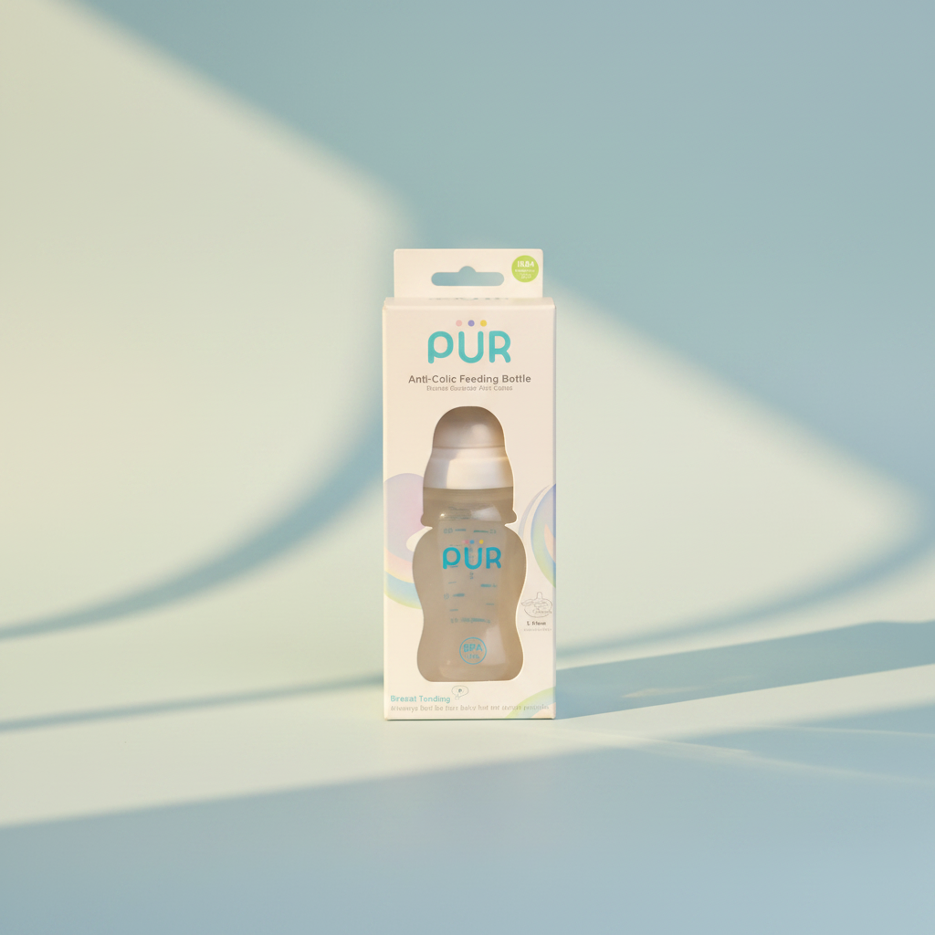PUR Anti-Colic Baby Feeding Bottle BPA Free - premium studio scene retail box front view light blue background with natural window shadow