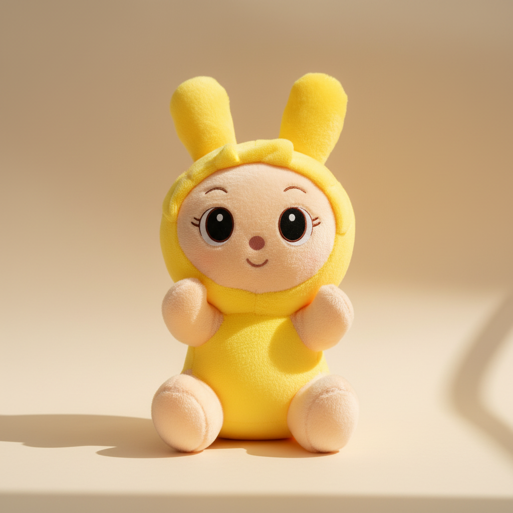 Yellow bunny girl plush doll – premium studio scene on warm beige background with natural side lighting