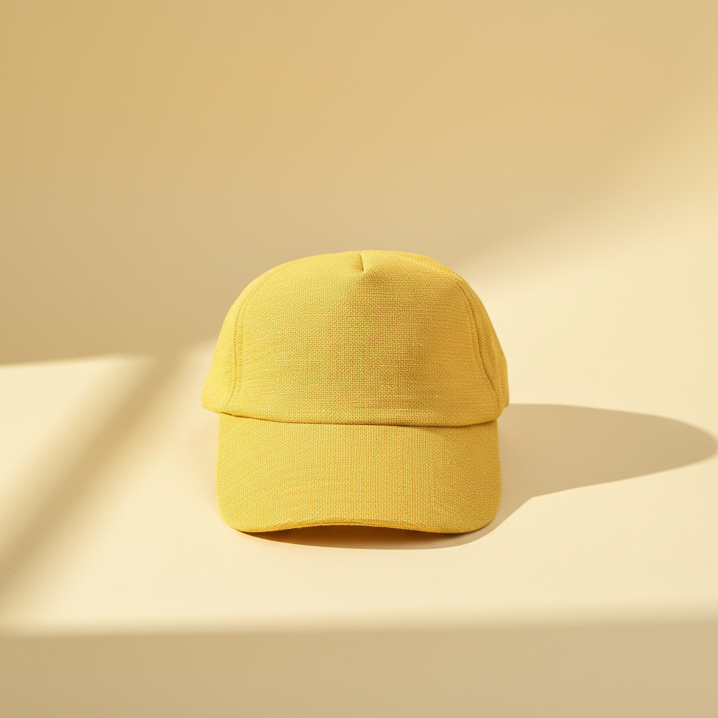 Mustard Yellow Textured Linen Baby Baseball Cap - premium studio scene front view warm beige background with natural shadow