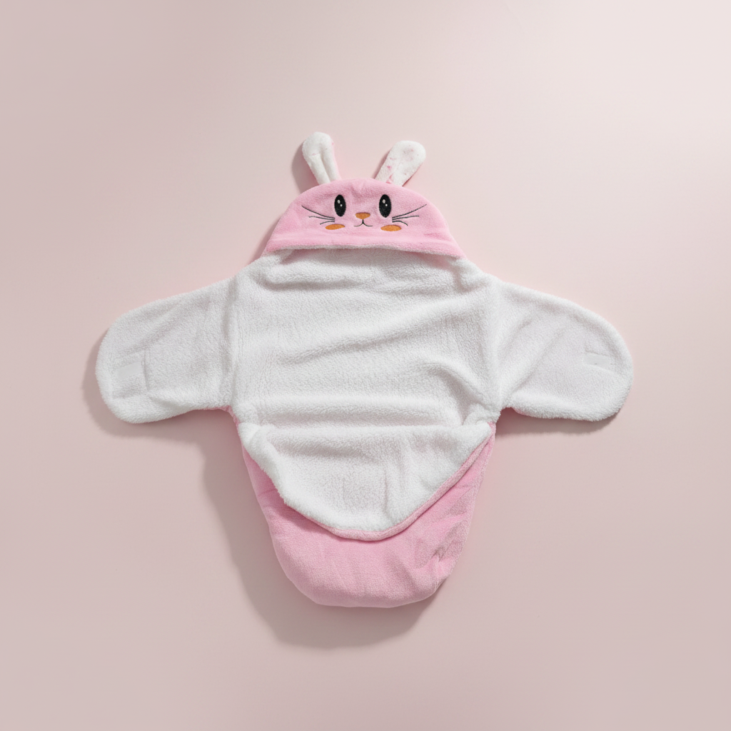 Pink bunny hooded swaddle wrap – premium studio scene on blush pink background showing 3D bunny ears and wrap detail