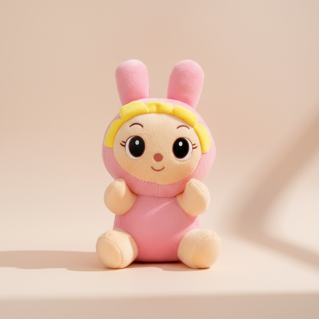 Pink bunny girl plush doll – premium studio scene on soft pink beige background with natural side lighting