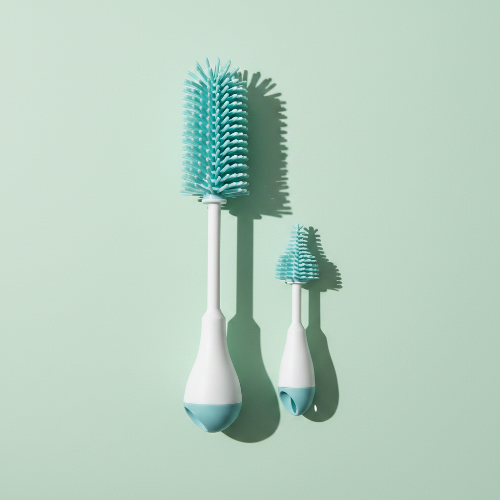 Mint silicone baby bottle brush set – premium studio scene on sage green background showing both brushes with natural shadows