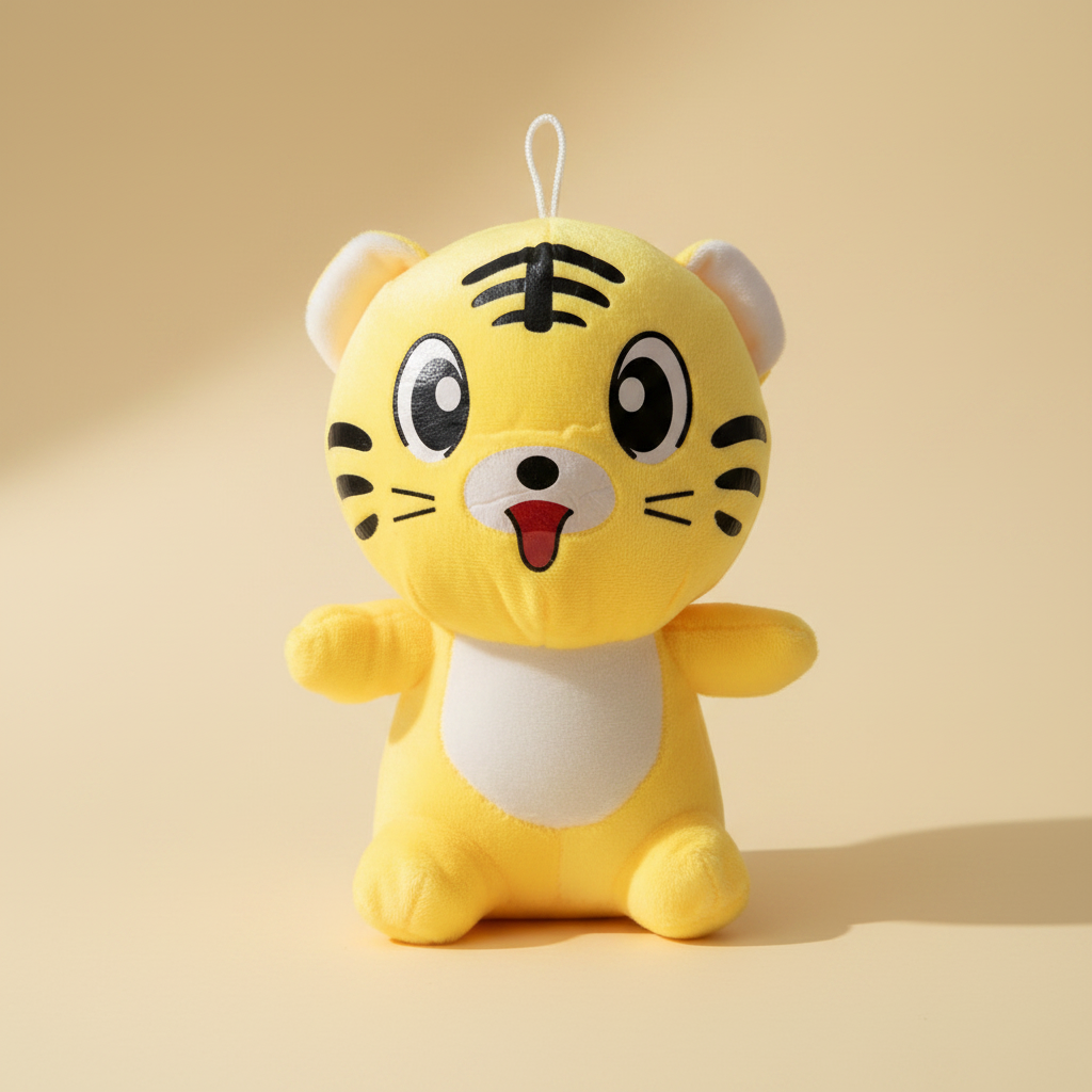 Blue cartoon tiger plush doll – premium studio scene on soft blue background showing full tiger design with white belly