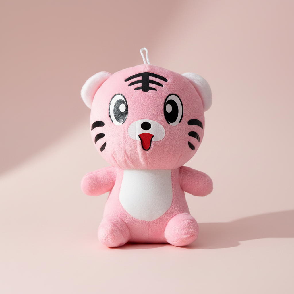 Pink cartoon tiger plush doll – premium studio scene on soft pink background showing full tiger design with stripes