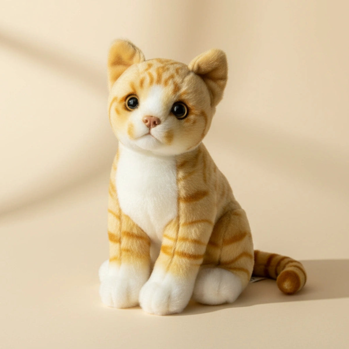 Tabby the Kitten plush toy – realistic golden tabby studio shot on beige background