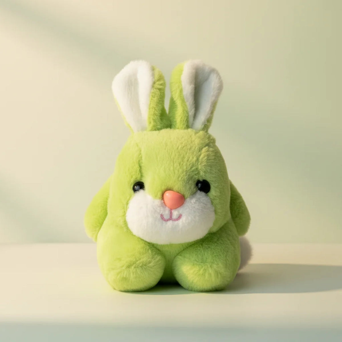 Clover the Green Bunny plush toy – studio shot on soft green background