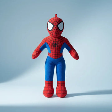 Red and blue web hero plush doll – studio shot on light blue background