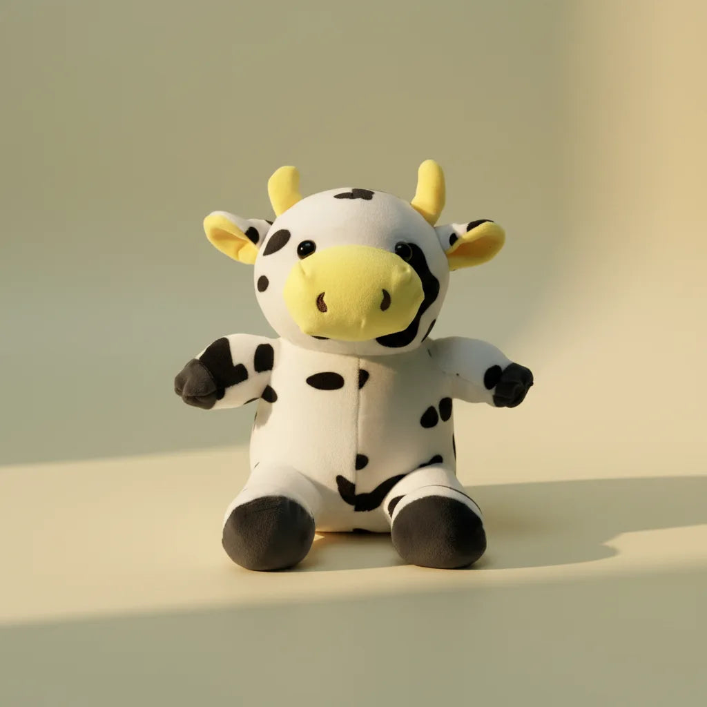 Daisy the Spotty Cow plush toy studio shot on warm beige background