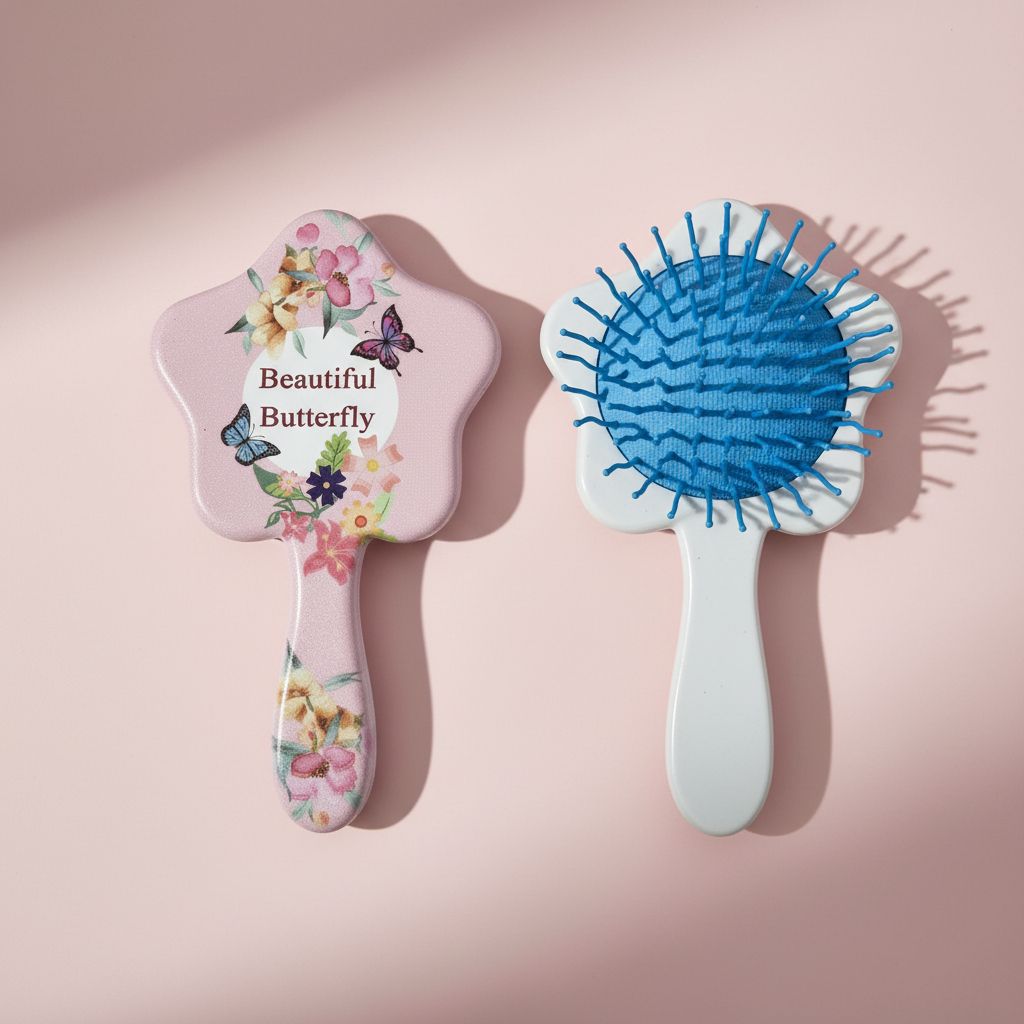 Beautiful Butterfly hair brush and mirror set – premium studio scene on pink background showing both pieces side by side with natural shadows