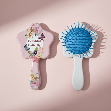 Beautiful Butterfly hair brush and mirror set – premium studio scene on pink background showing both pieces side by side with natural shadows
