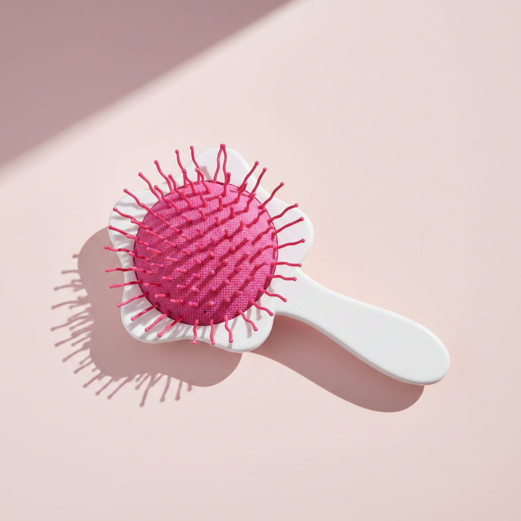 Beautiful Butterfly flower hair brush – premium studio scene on pink background showing pink bristles and white flower shape from above