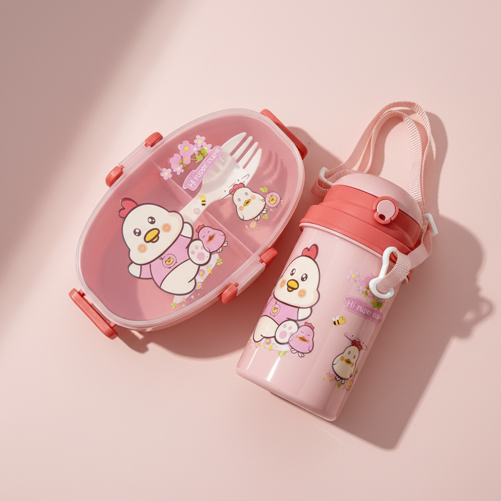 Blue dino cartoon kids lunch box and water bottle set – premium studio scene on light blue background showing full set with always smile print