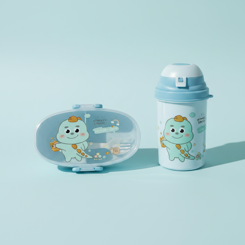 Blue frog cartoon kids lunch box and water bottle set – premium studio scene on light blue background showing both pieces side by side