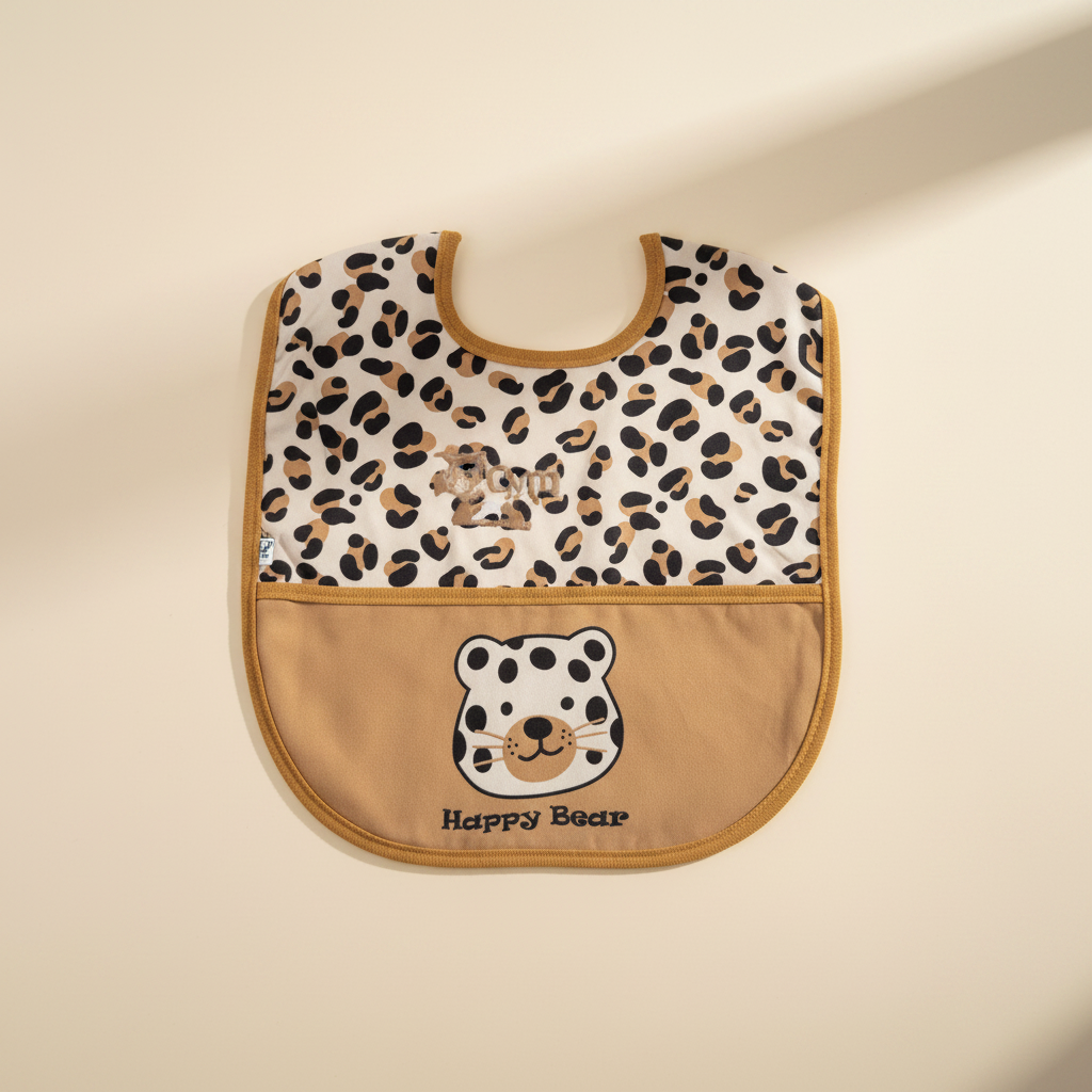 Happy Bear leopard print waterproof baby bib – premium studio flat lay on cream background showing full bib with leopard bear face pocket
