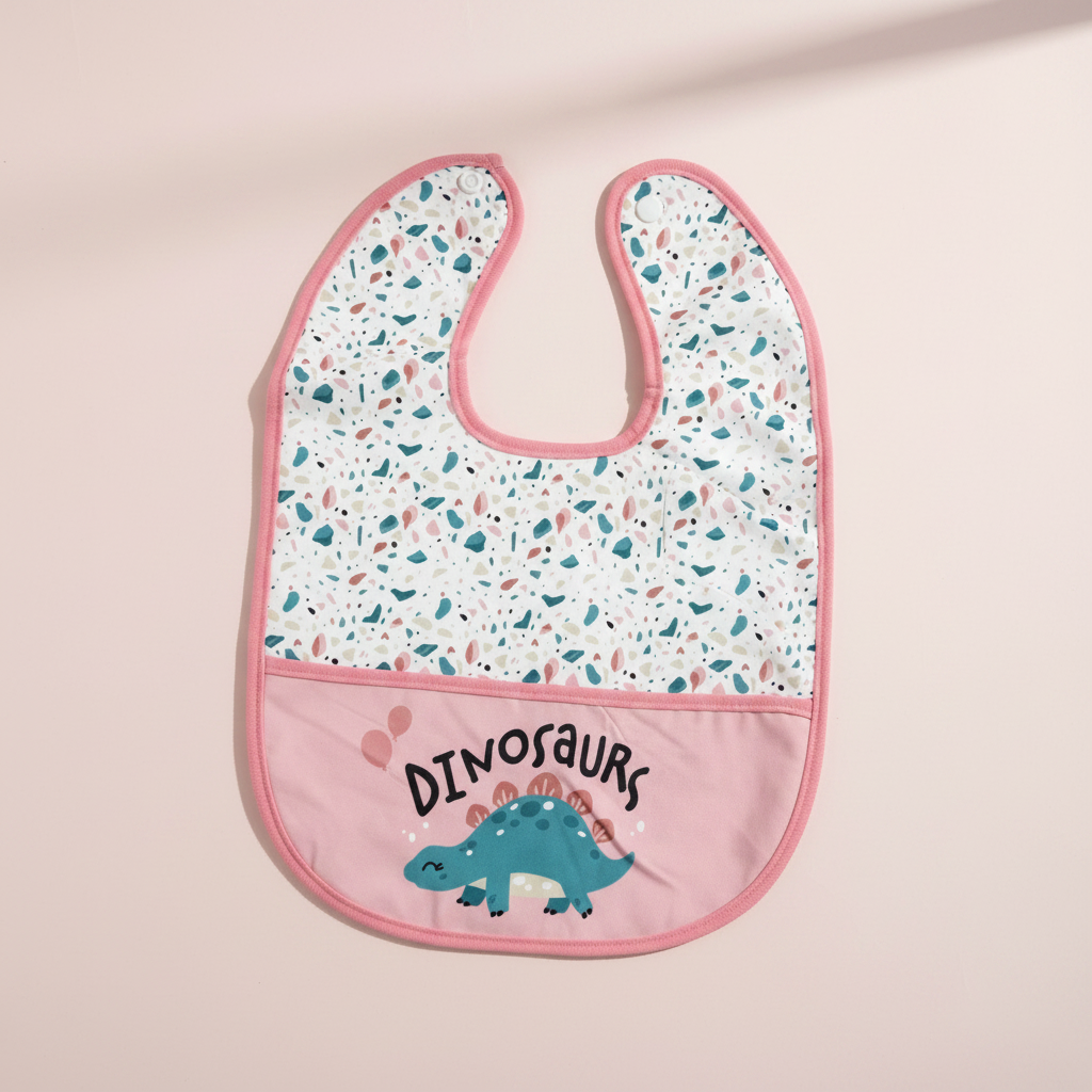 Pink dinosaurs waterproof baby bib – premium studio flat lay on pink background showing full terrazzo print top and pink dinosaur pocket
