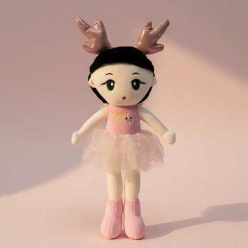 Fawn the Deer Ballerina rag doll studio shot on soft pink background