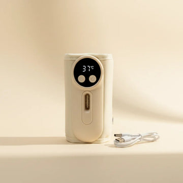 Smart Portable Baby Bottle Warmer in cream with LED display showing 37°C and USB-C charging cable on beige background