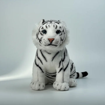 Blizzard the White Tiger Cub plush toy close-up studio shot showing detailed stripe markings and blue eyes