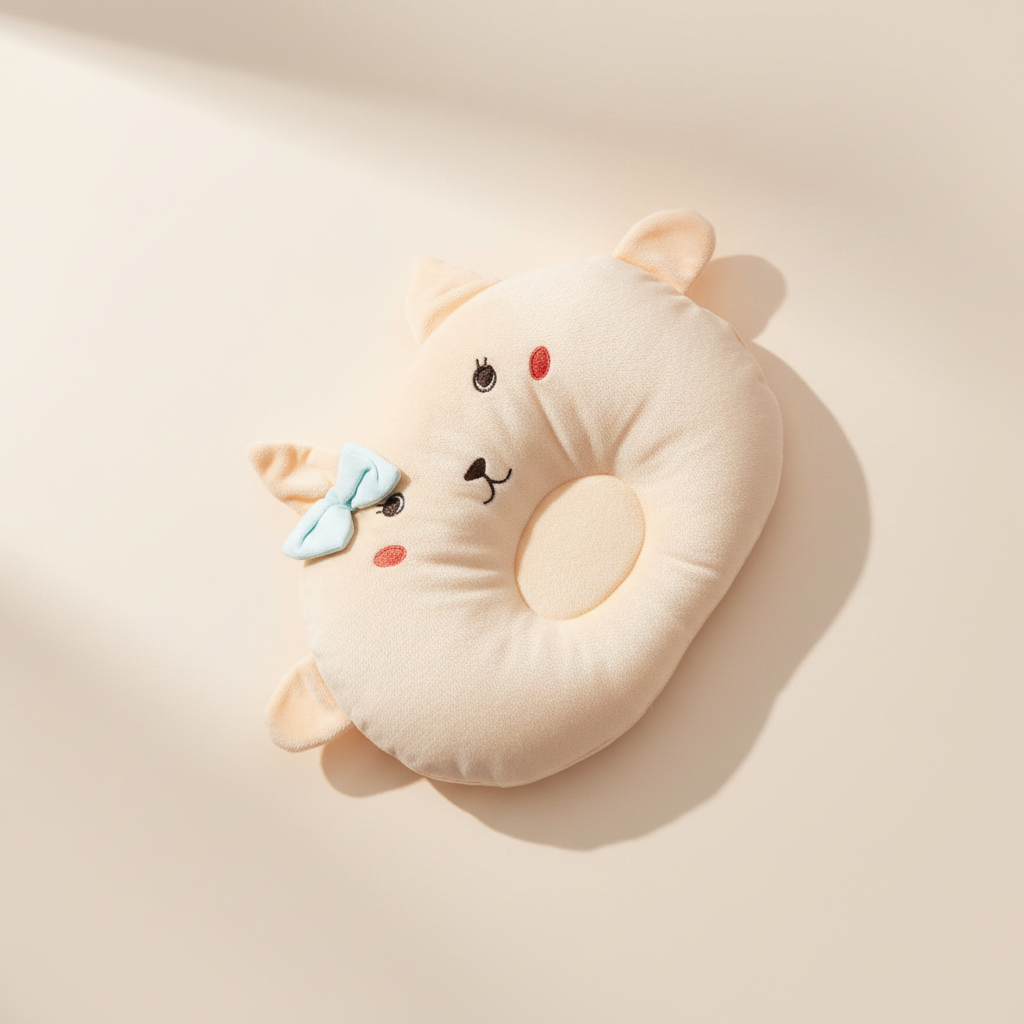 Unicorn cat baby head shaping pillow – premium studio scene on beige background showing side profile and 3D ears