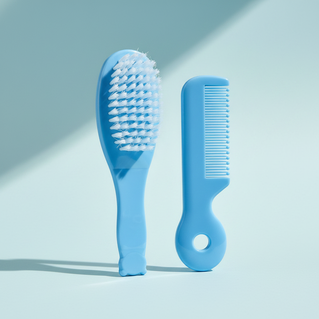 Blue baby hair brush and comb set – premium studio scene on teal background showing both pieces upright with soft bristles detail