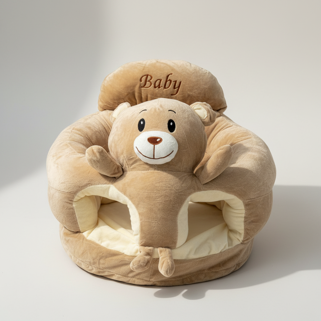 Teddy bear plush baby sitting support sofa – premium studio scene on warm beige background showing full sofa with 3D bear face and paw feet