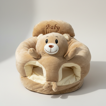 Teddy bear plush baby sitting support sofa – premium studio scene on warm beige background showing full sofa with 3D bear face and paw feet