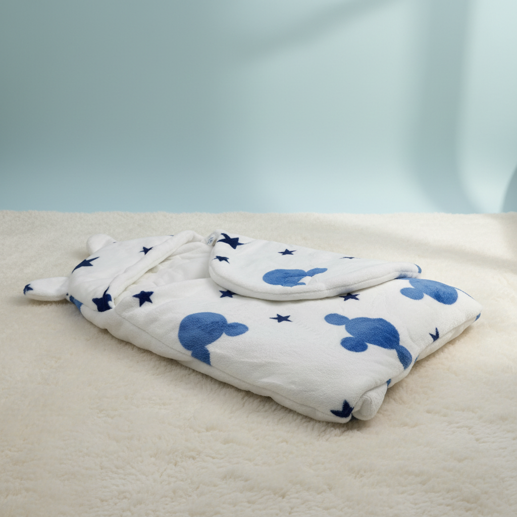 Mickey Mouse print baby swaddle wrap – premium studio scene folded flat on cream surface with matching round pillow showing full Mickey stars print