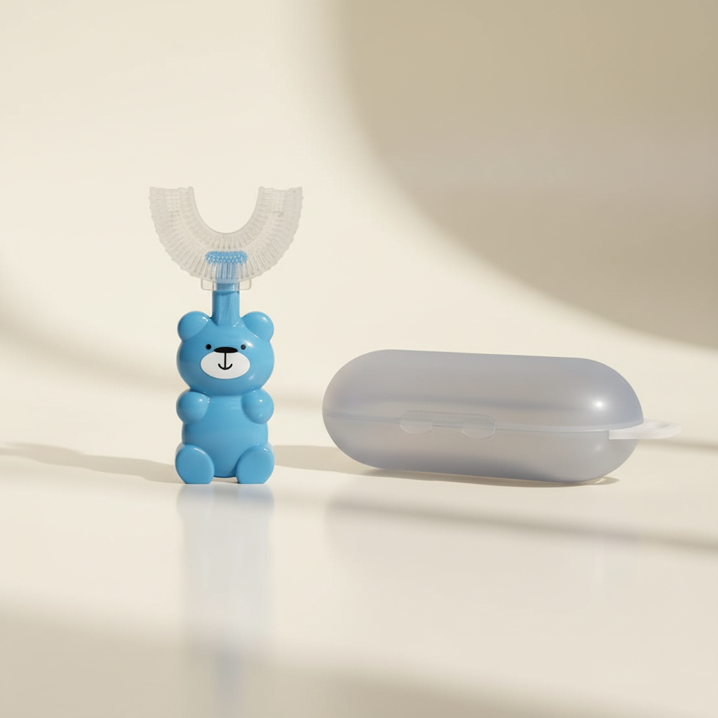 U-shape silicone baby toothbrush with blue bear handle – premium studio scene on warm cream background with natural shadows showing toothbrush standing upright next to open travel case