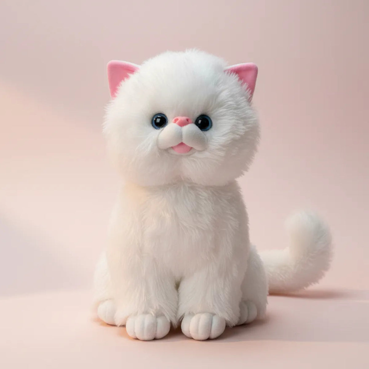 Snowflake the Persian Kitten plush toy studio shot on blush pink background showing ultra-fluffy white coat and blue eyes