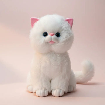 Snowflake the Persian Kitten plush toy studio shot on blush pink background showing ultra-fluffy white coat and blue eyes