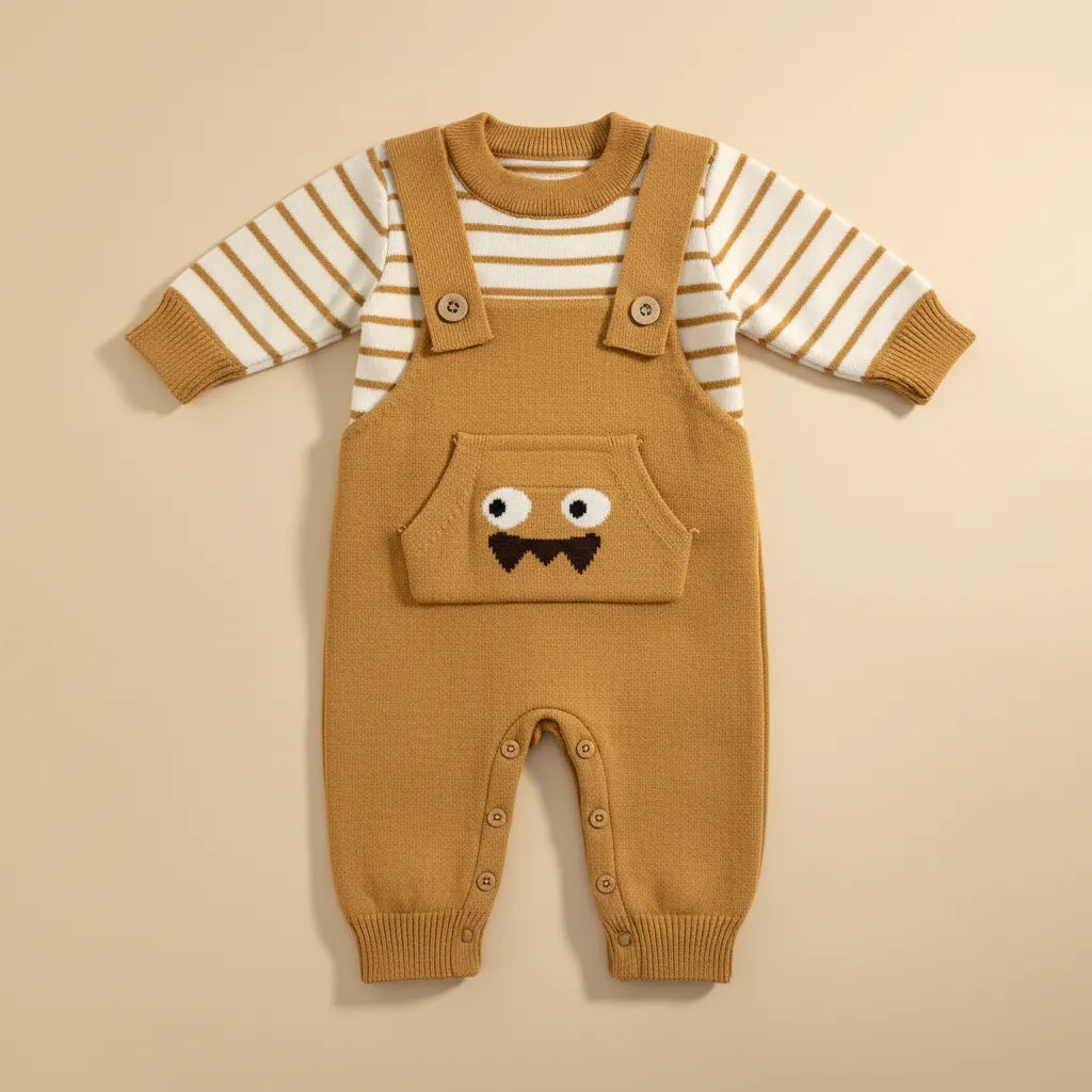 Little Monster Knit Dungaree Set flat lay showing caramel stripe sweater and monster face dungarees with snap buttons on beige background