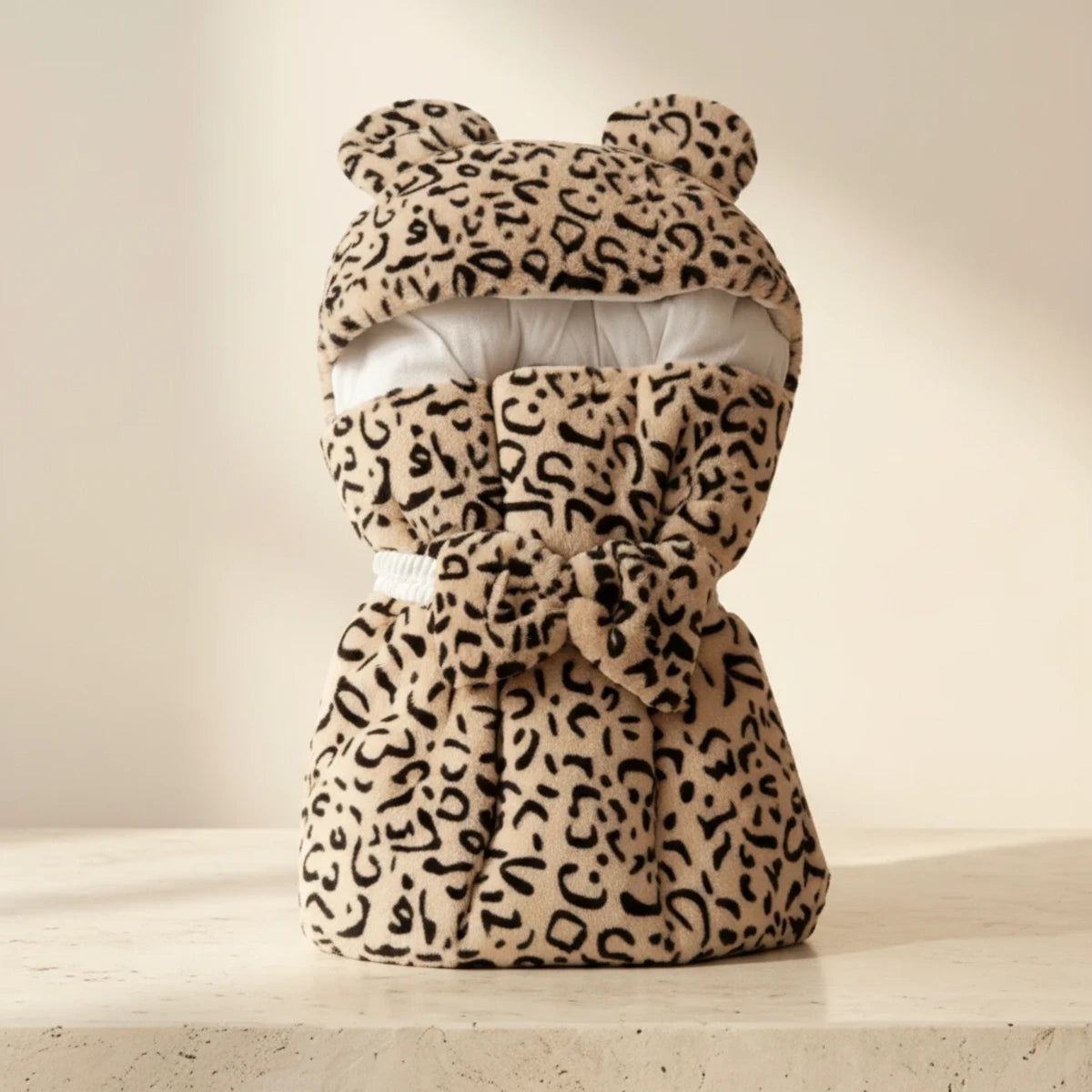 Leopard Bear-Ear Baby Nest showing plush faux fur leopard print pod with 3D bear ears hood and matching bow pillow in studio on cream background