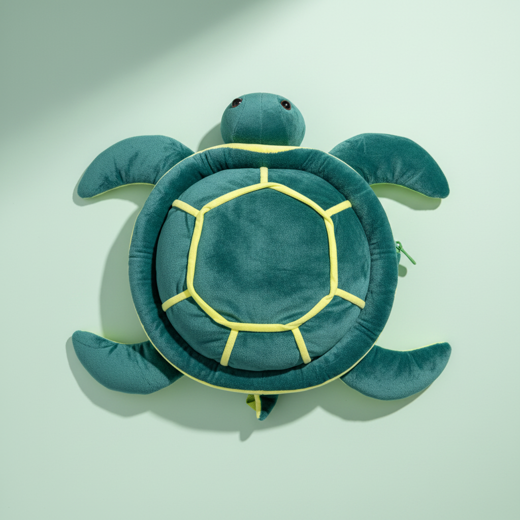 Sea turtle plush backpack with mini turtle – premium overhead studio view on teal background showing full shell pattern and four flippers