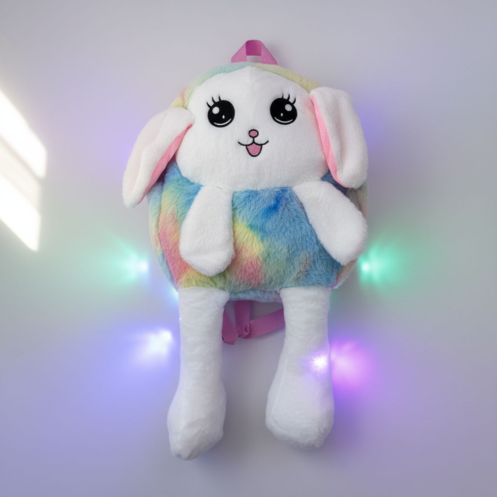 Rainbow bunny LED light-up plush backpack – premium studio scene showing all LED lights glowing in blue, green and purple colors