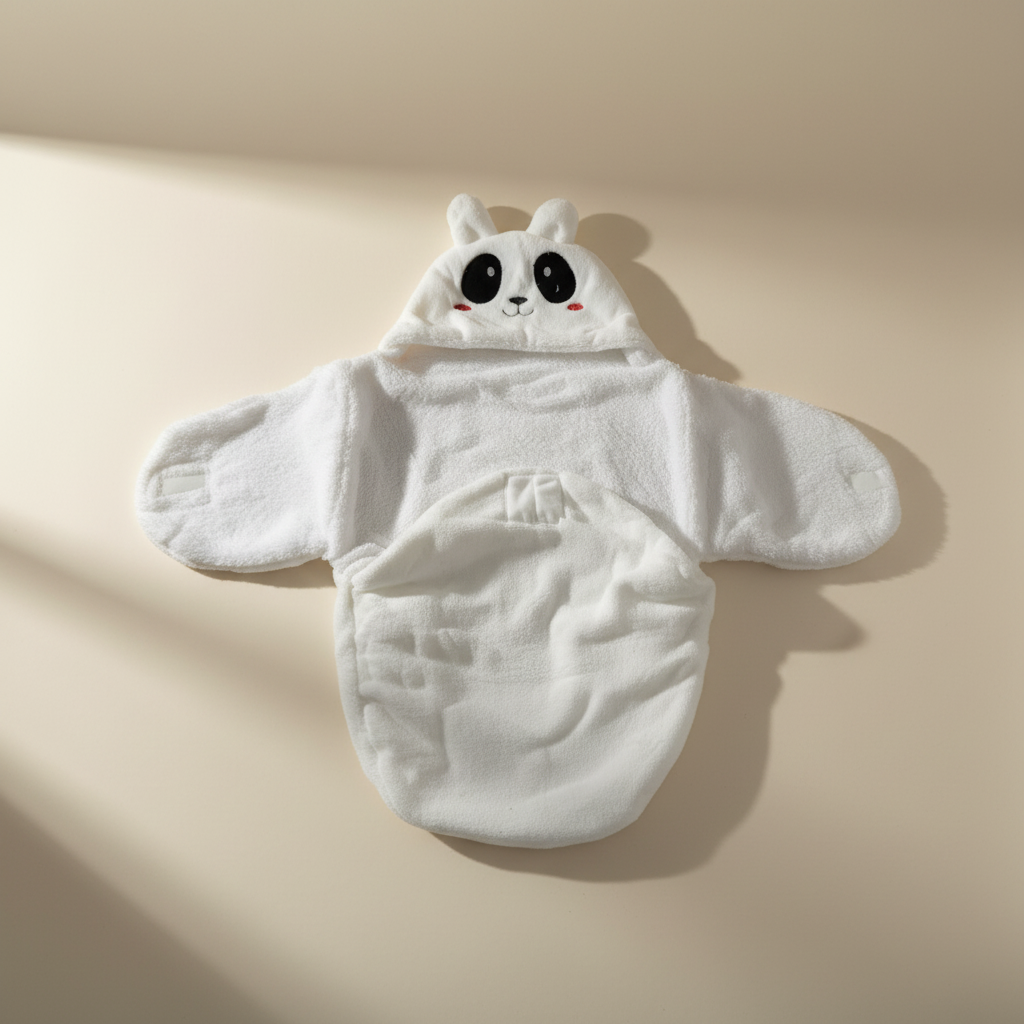 White panda hooded swaddle wrap – premium studio scene on warm beige background showing full wrap and 3D ears