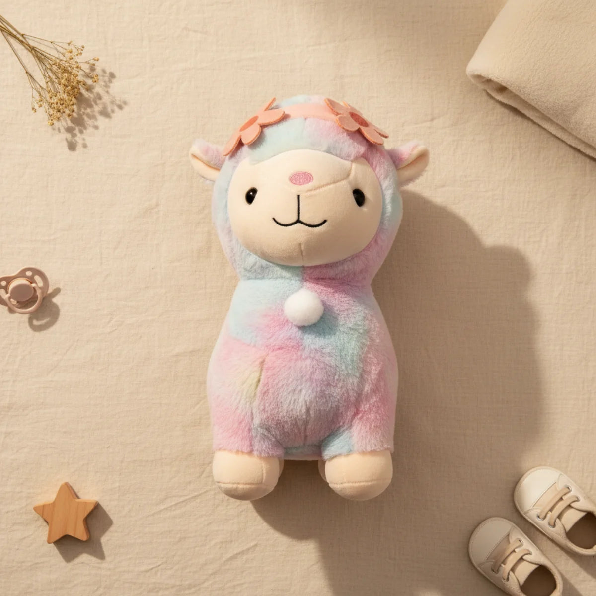 Rainbow alpaca plush toy flat lay from above on linen background showing full front face of pastel pink blue mint lavender tie-dye alpaca with pink felt flower crown cream embroidered smile rosy cheeks white pom-pom and cream hooves in sitting pose beside dusty pink pacifier wooden star shape white baby sneakers dried grass stems and cream knit throw