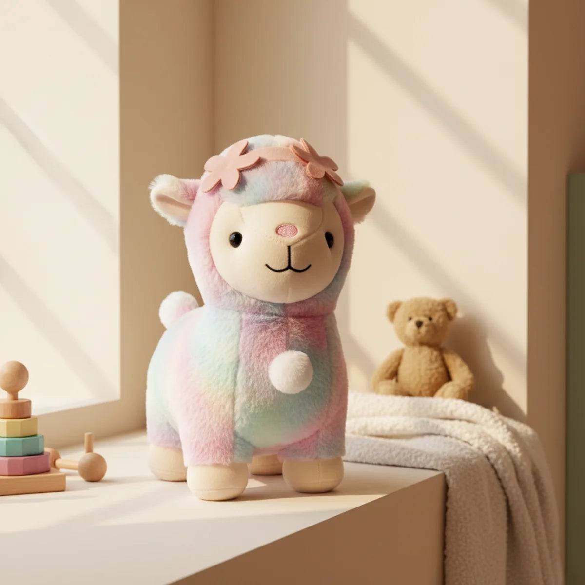Rainbow alpaca plush toy nursery scene standing on cream shelf in warm sunlit nursery room showing pastel rainbow tie-dye pink blue mint lavender fluffy alpaca with pink felt flower crown cream embroidered smile face rosy cheeks white pom-pom chest and cream hooves beside brown teddy bear and pastel Montessori stacking rings
