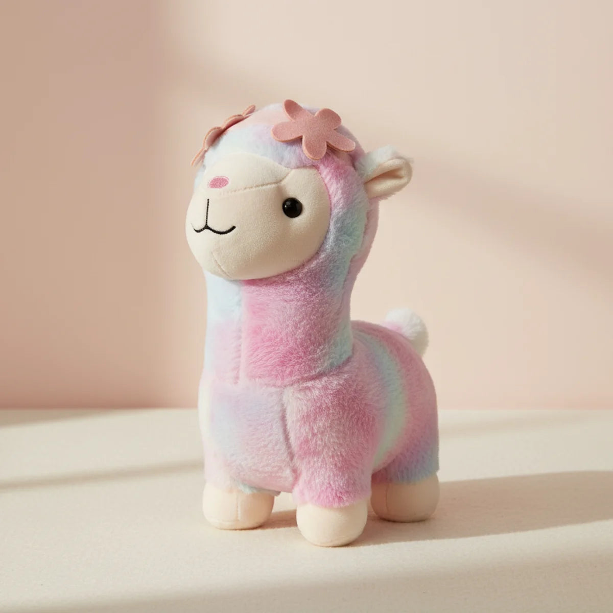 Rainbow alpaca plush toy studio scene on soft pink blush background showing side three-quarter view of pastel rainbow tie-dye alpaca with pink felt flower crown cream muzzle with embroidered smile rosy cheeks glossy black eyes white pom-pom chest and cream hooves in standing pose with soft dappled shadow