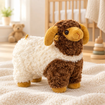 Brown and cream ram plush toy in a cozy nursery setting