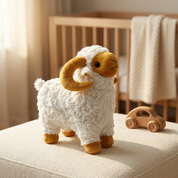 White ram plush with golden-brown horns in a warmly lit nursery