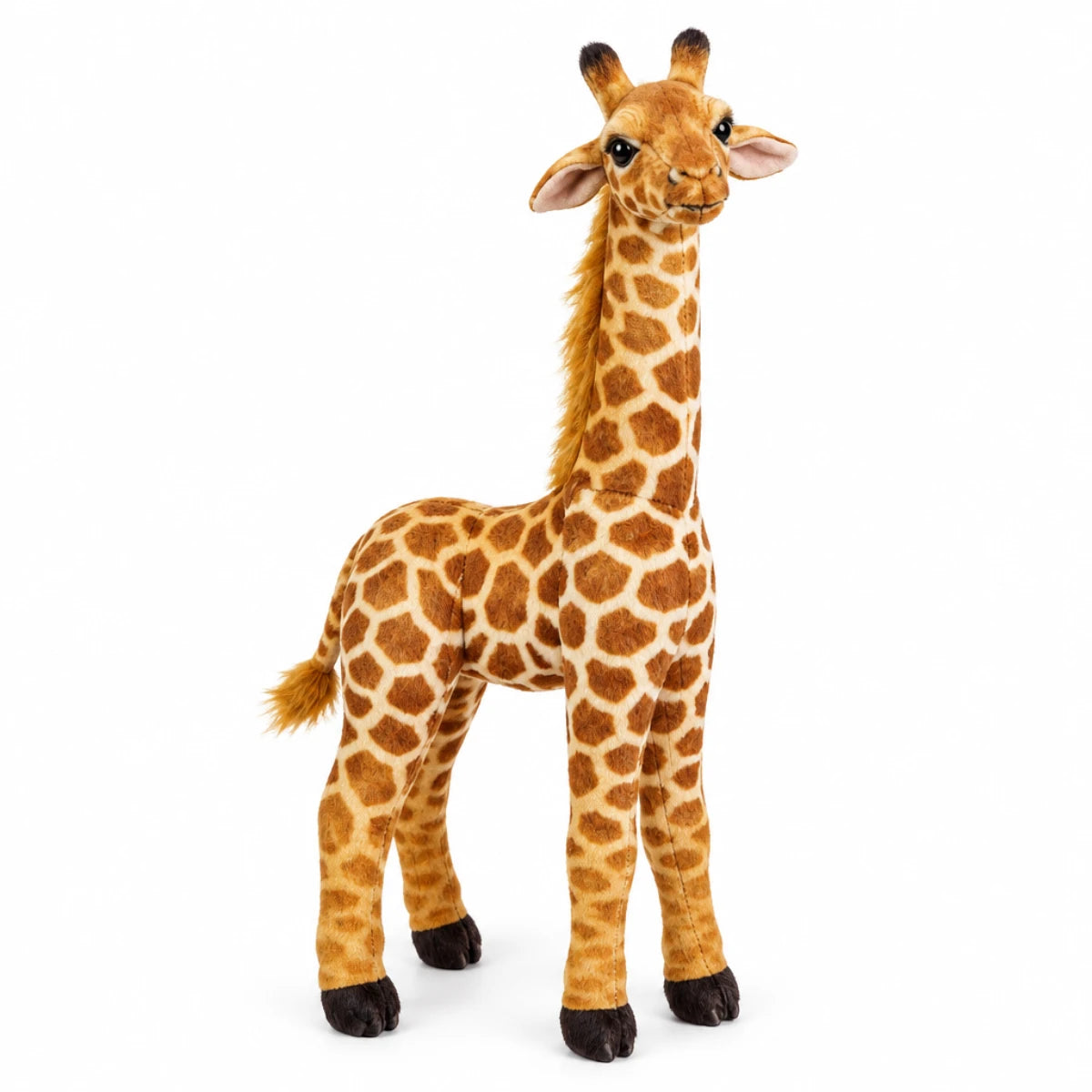 Realistic standing giraffe plush toy hero shot on white background showing full body side view of life-like standing giraffe with deeply textured rust-brown cream giraffe coat patch print golden tan neck mane dark ossicone horns large glassy expressive eyes soft pink inner ears fluffy tufted tail and dark chocolate hooves in natural four-legged standing pose