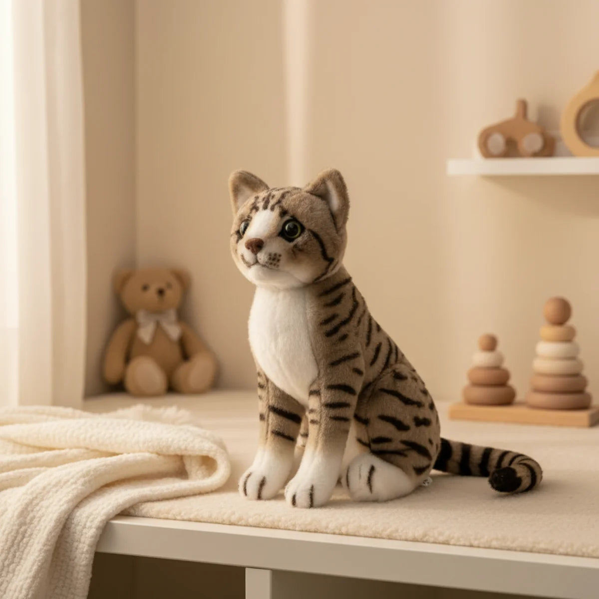 Realistic tabby cat plush toy nursery scene on white shelf in warm cream nursery room beside brown teddy bear with white bow with wooden Montessori stacking tower and wooden toys on upper shelf and cream white knit blanket showing full striped tabby kitten sitting pose