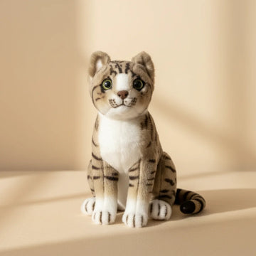 Realistic tabby cat plush toy studio scene on warm cream beige background showing lifelike grey brown striped tabby kitten with vivid green eyes dark charcoal stripe markings white chest white paws and ringed banded tail in natural sitting pose with soft dappled shadow