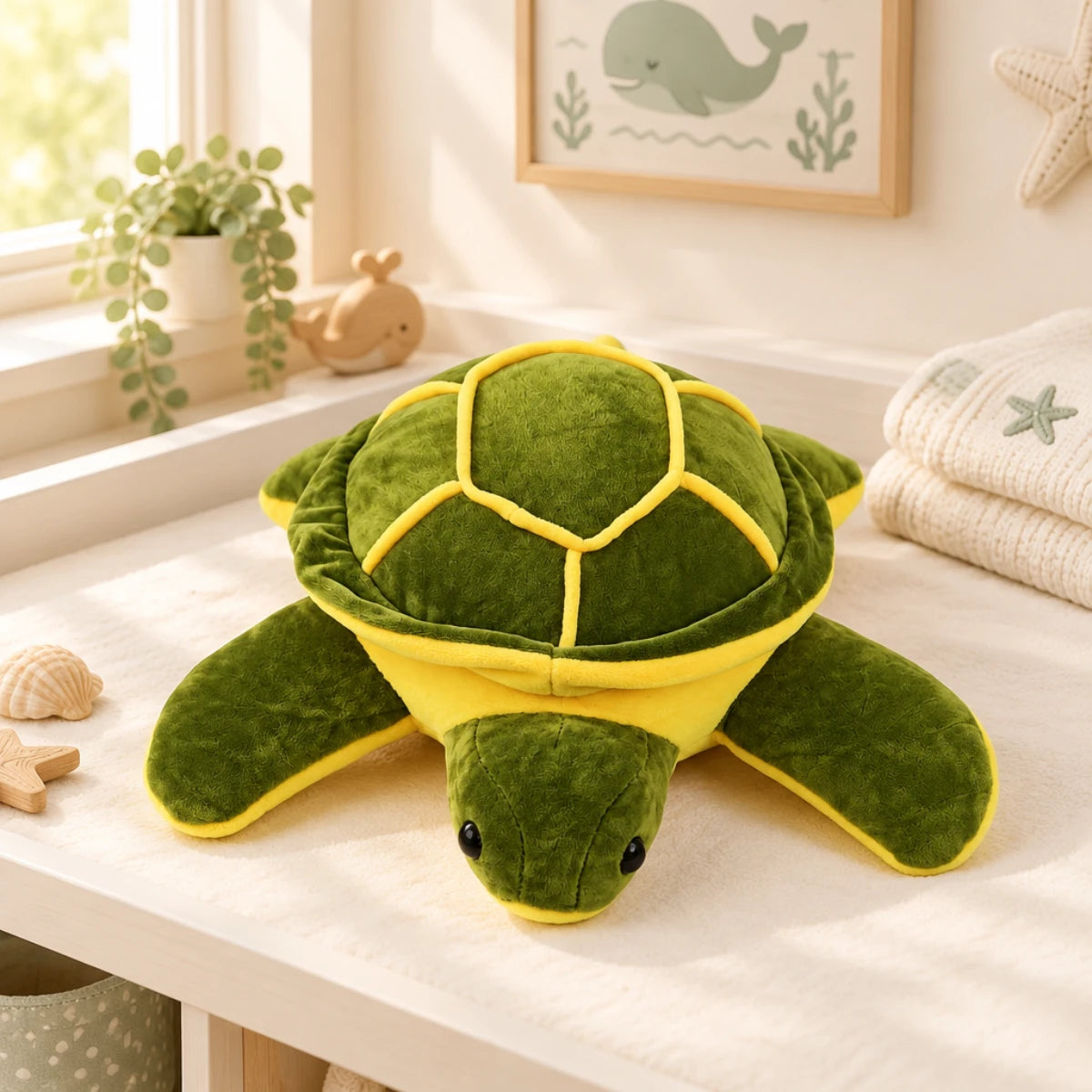 Giant green sea turtle plush toy nursery scene lying flat on white shelf in cream sunlit ocean nursery room beside wooden whale toy and white starfish decor with whale and seaweed art print in wooden frame on wall showing full forest green plush body domed yellow-piped hexagonal shell four wide flat flippers and glossy black bead eyes