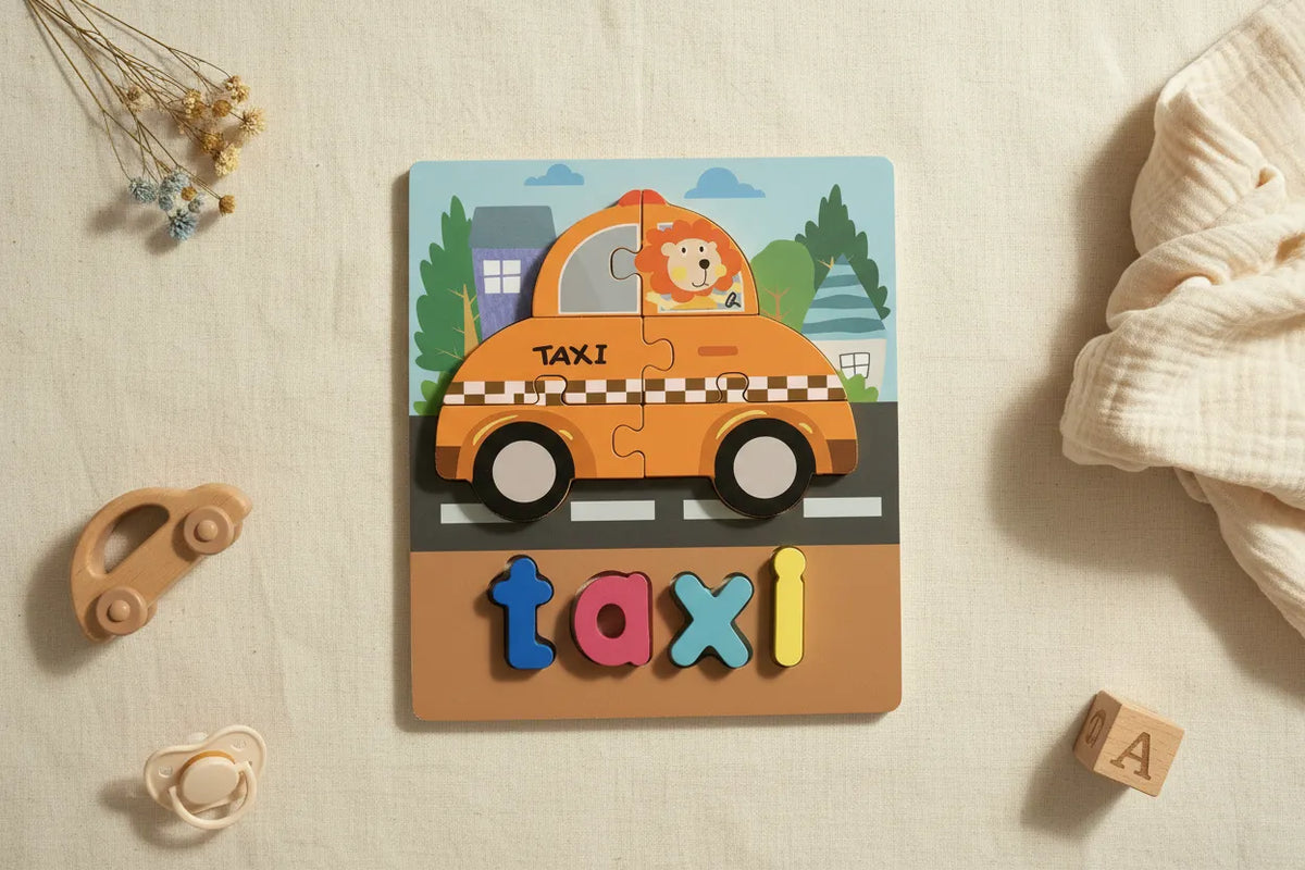 3D Wooden Word Puzzle Taxi design showing yellow chequered taxi cab puzzle with lion driver over city street board and T-A-X-I letter tiles on linen background with wooden toy car and pacifier