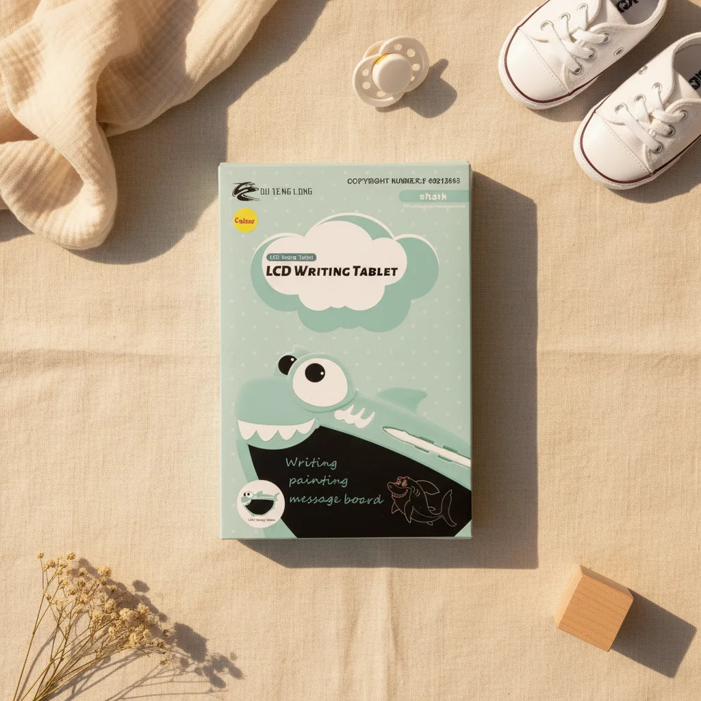 Shark LCD Writing Tablet teal shark design box flat lay on linen background with white muslin pacifier baby shoes wooden block and dried flowers