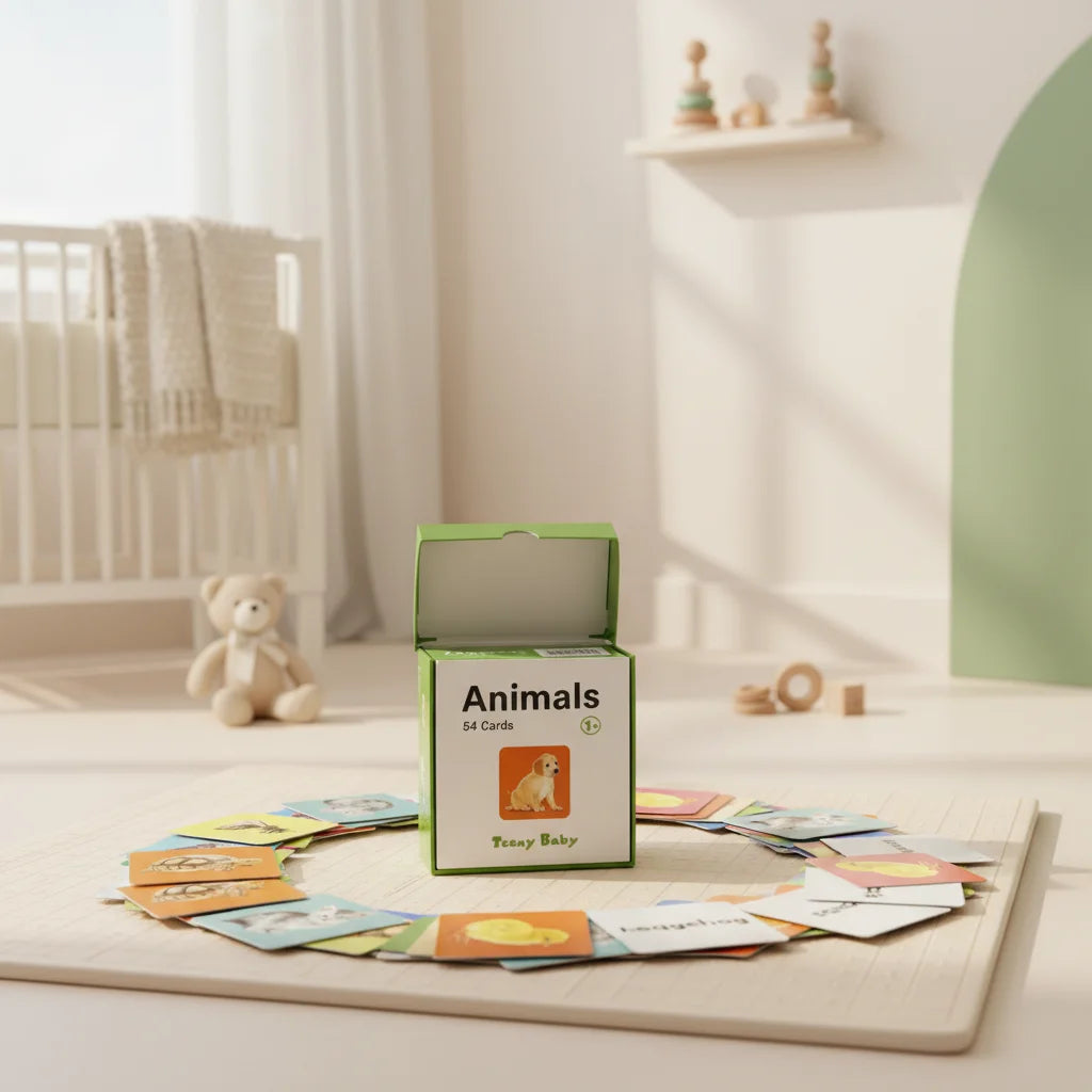 Teeny Baby Animals flash cards 54 card set in open green gift box displayed in bright Scandi nursery room with white cot cream teddy bear and wooden stacker toys on shelf with all 54 cards laid out in a circle around the box on cream play mat