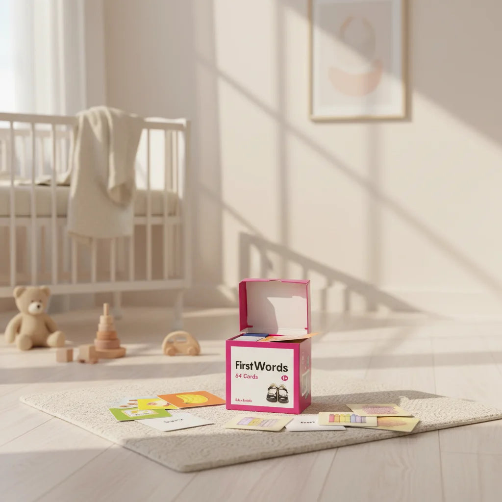 Teeny Baby First Words flash cards 54 card set in open hot pink gift box displayed in bright Scandi nursery room with white cot cream teddy bear and wooden stacker toys with colourful image cards and word cards scattered on cream play mat floor